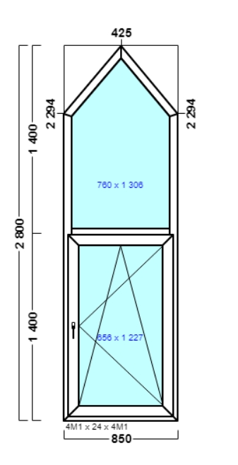 окно опс 47 {xvl} в1 850х2800 правое {4м1-24-4м1 32мм}
